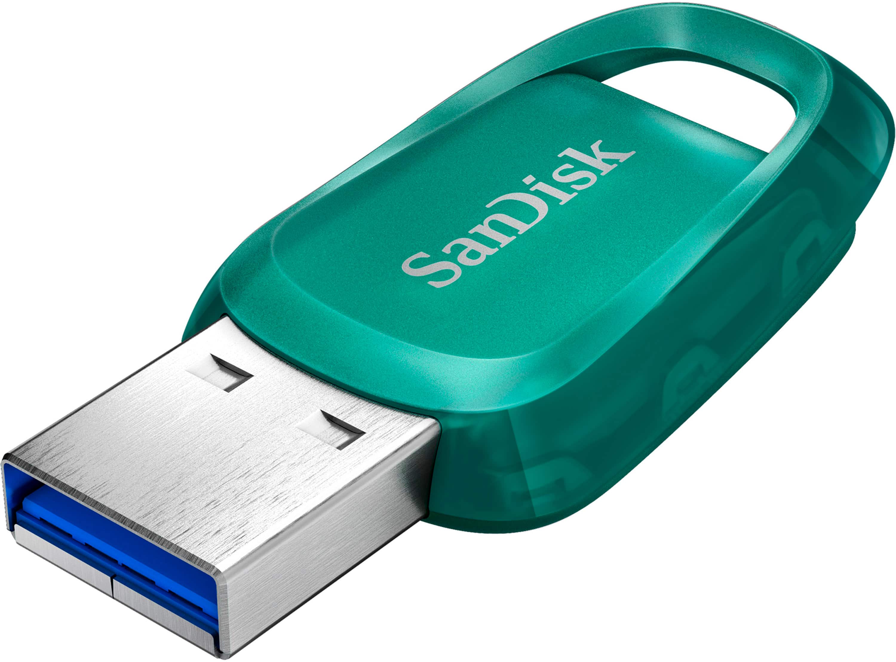 Installing SanDisk Ultra Eco Flash Drive 256GB USB 3.2 on a wooden desk