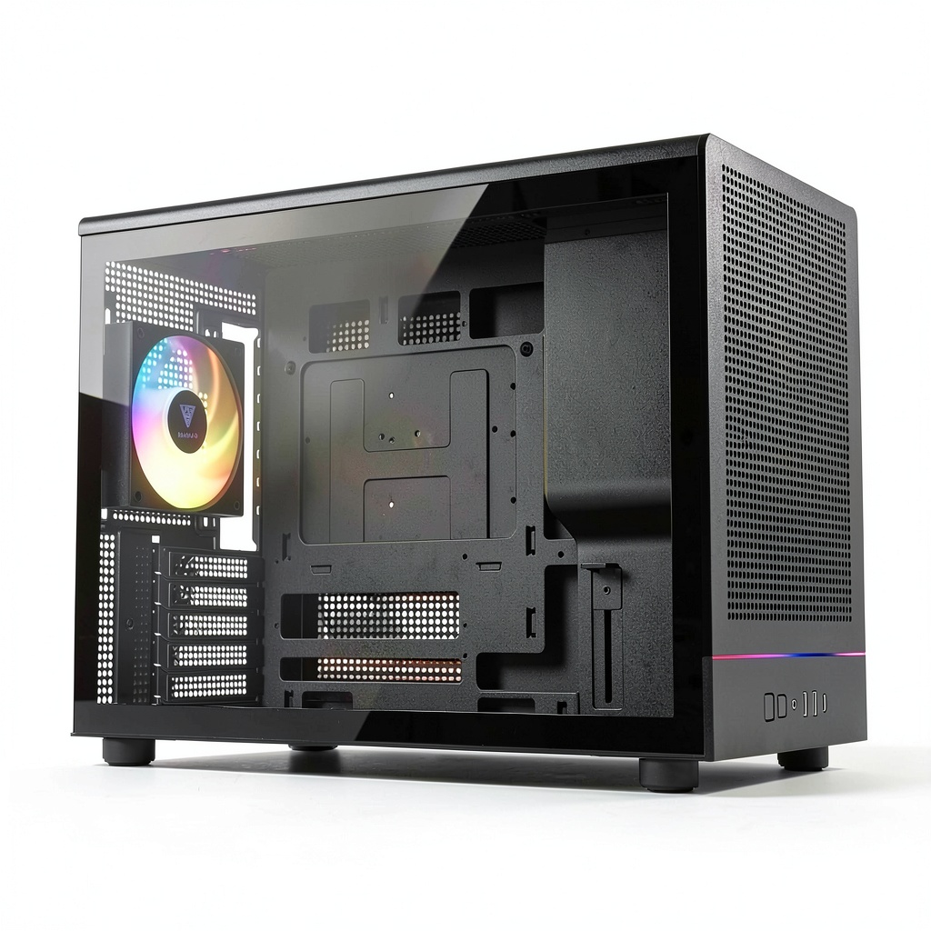 GAMDIAS ATHENA M4M PC case showing mesh front and fan setup