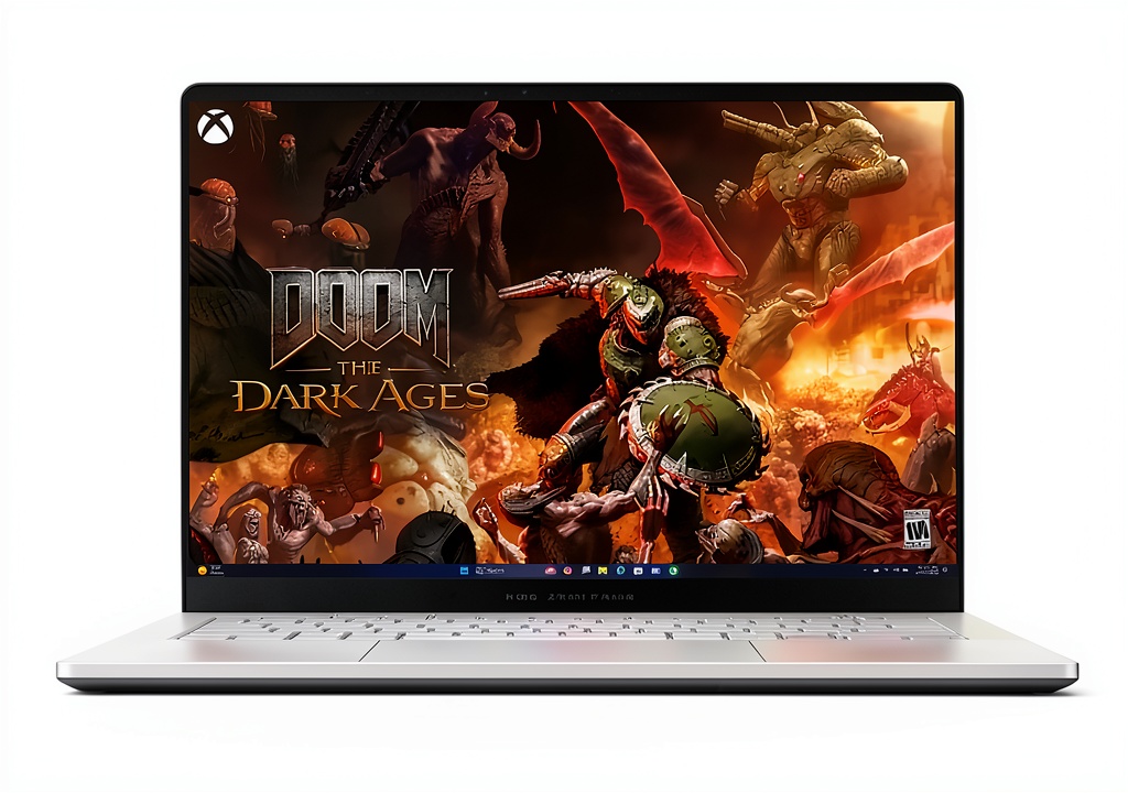 ASUS ROG Zephyrus G14 laptop displaying a game on its OLED screen