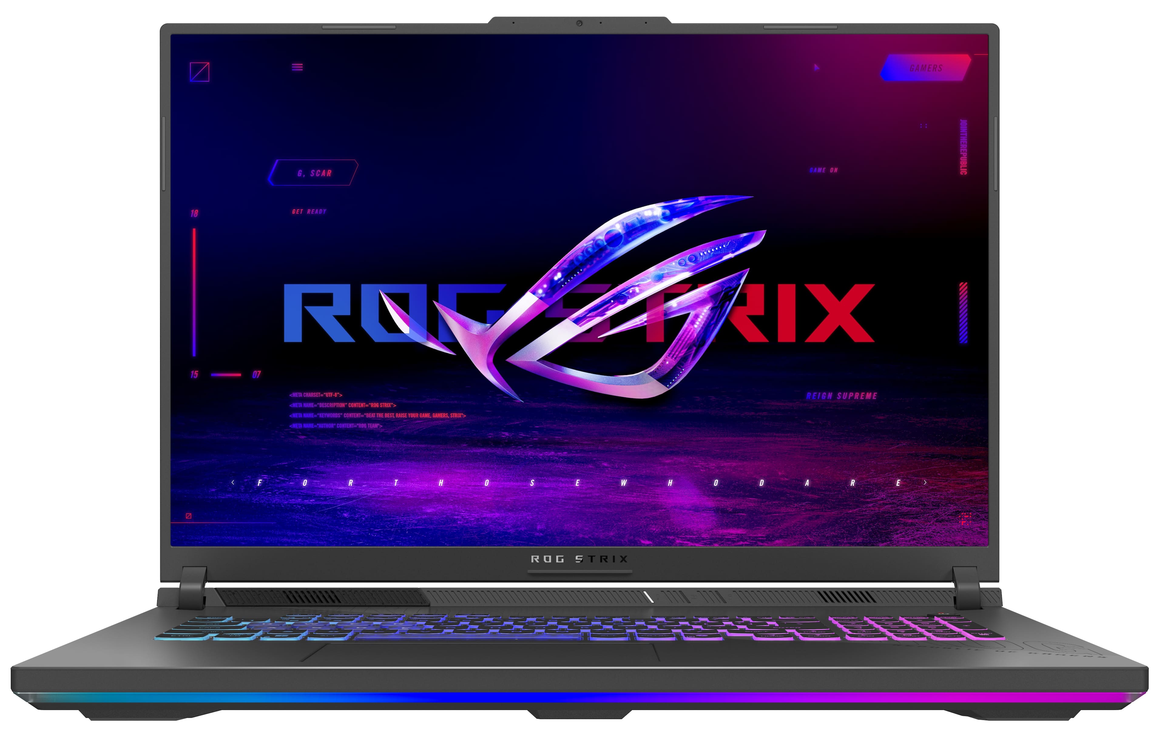 ASUS ROG Strix G18 laptop displaying a vibrant game scene on its Nebula screen