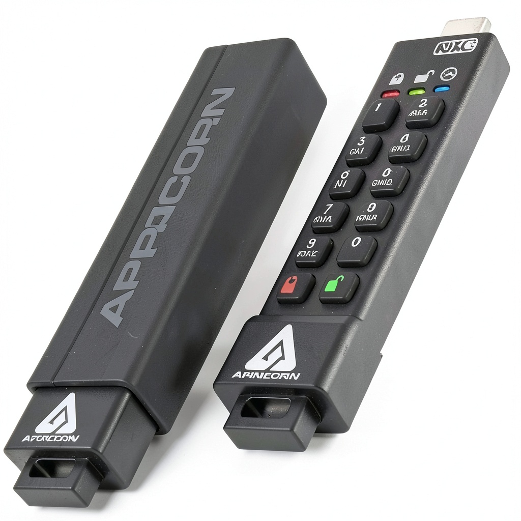 Apricorn Aegis Secure Key 3NXC connected to a laptop showing encrypted data transfer