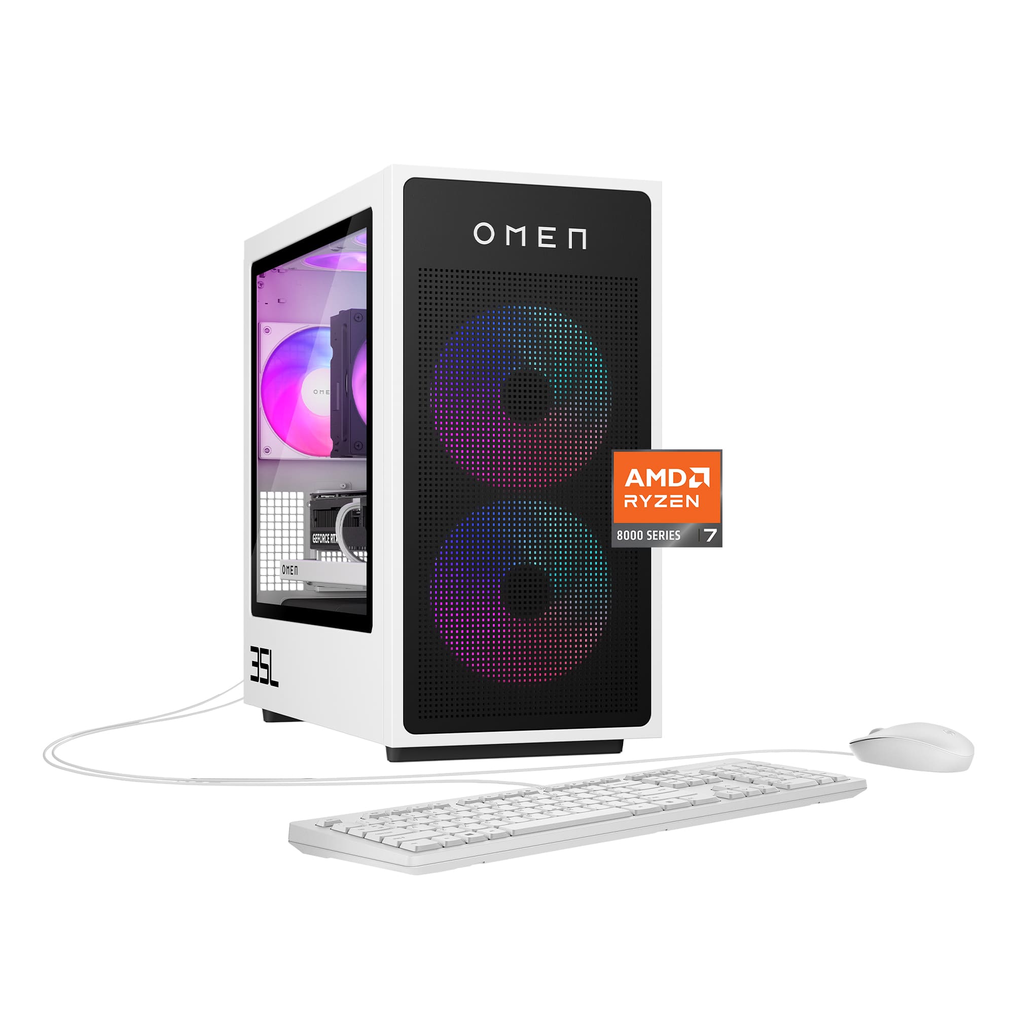 HP OMEN 35L Gaming Desktop showcasing its sleek Panda Metal finish and RGB lighting