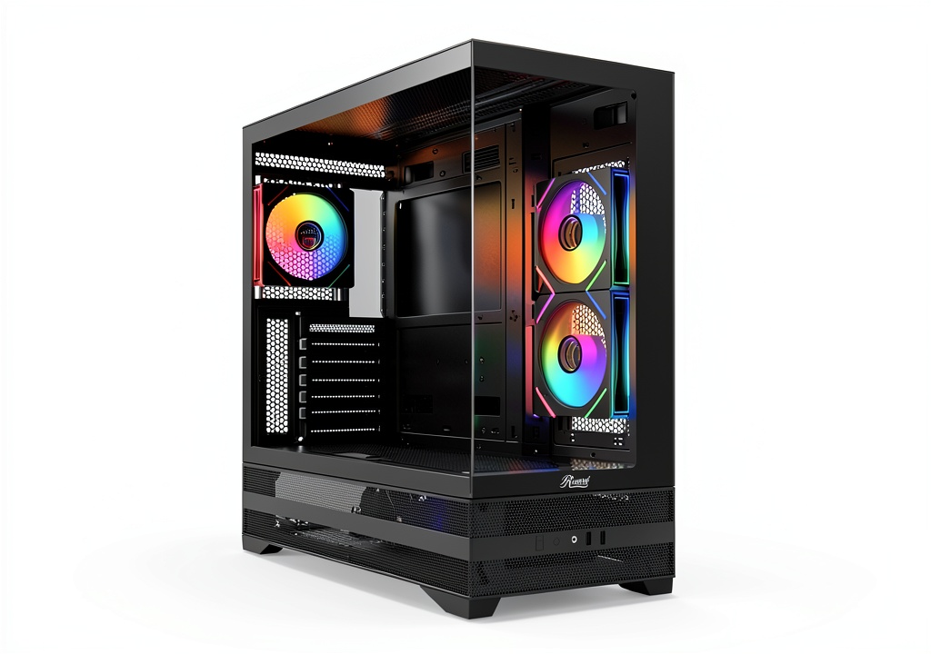 Rosewill ACA501 ATX case showing ARGB fans and tempered glass panel