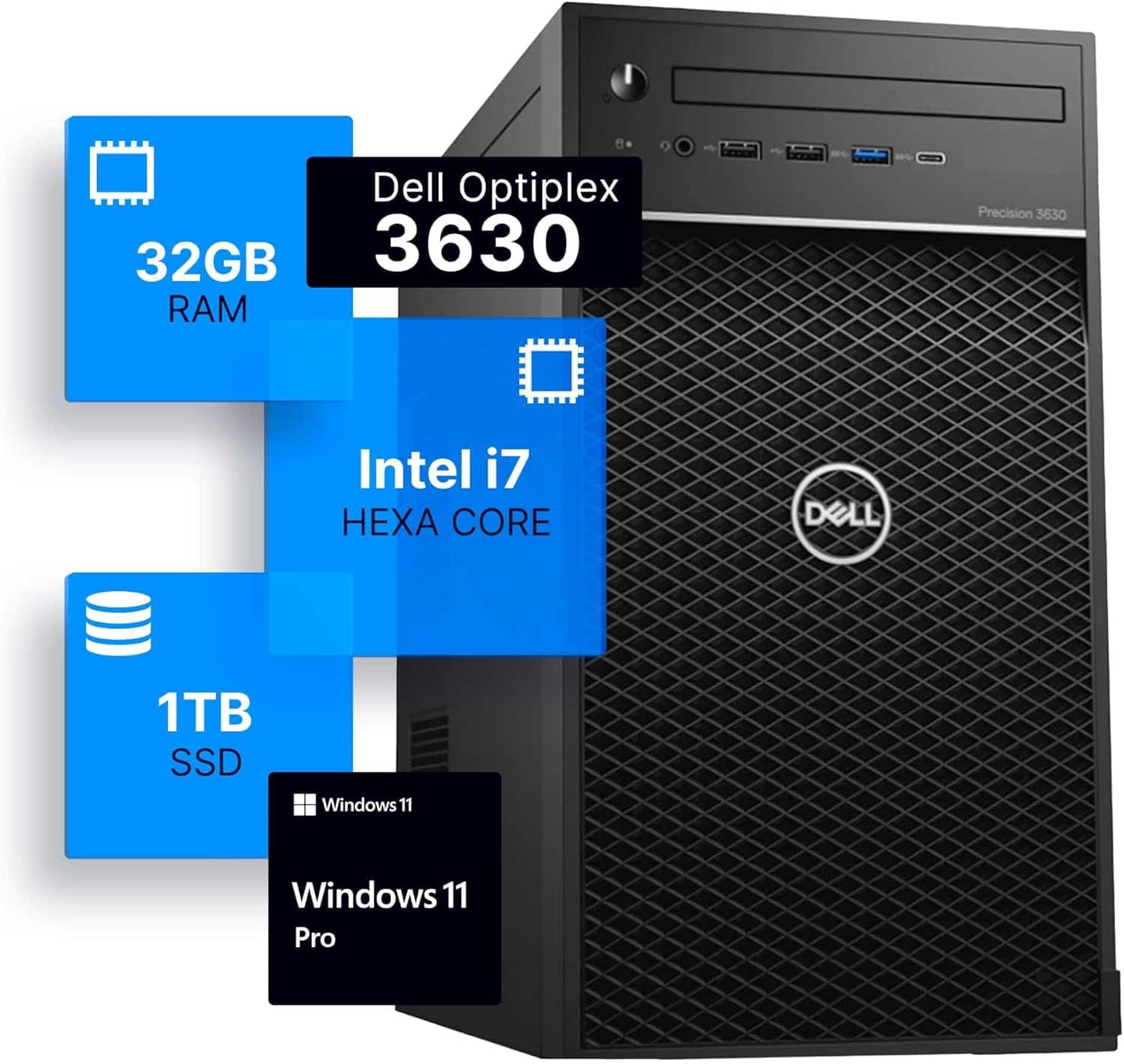 Dell Precision 3630 Tower on a desk with connected monitors