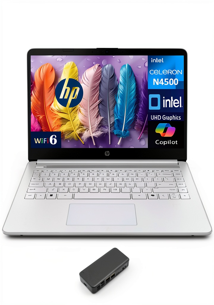 HP 14 Laptop in Snowflake White on a desk