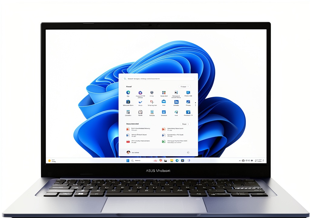 ASUS Vivobook 14 laptop displaying a multimedia interface on its FHD screen