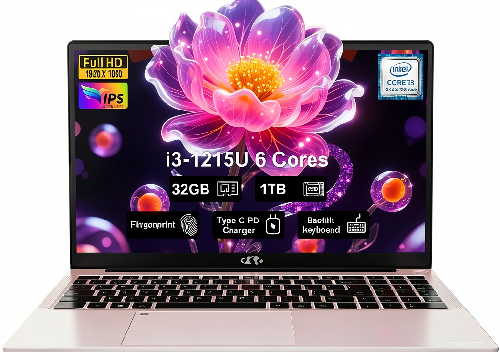 NIMO laptop displaying a multimedia application on its IPS FHD screen