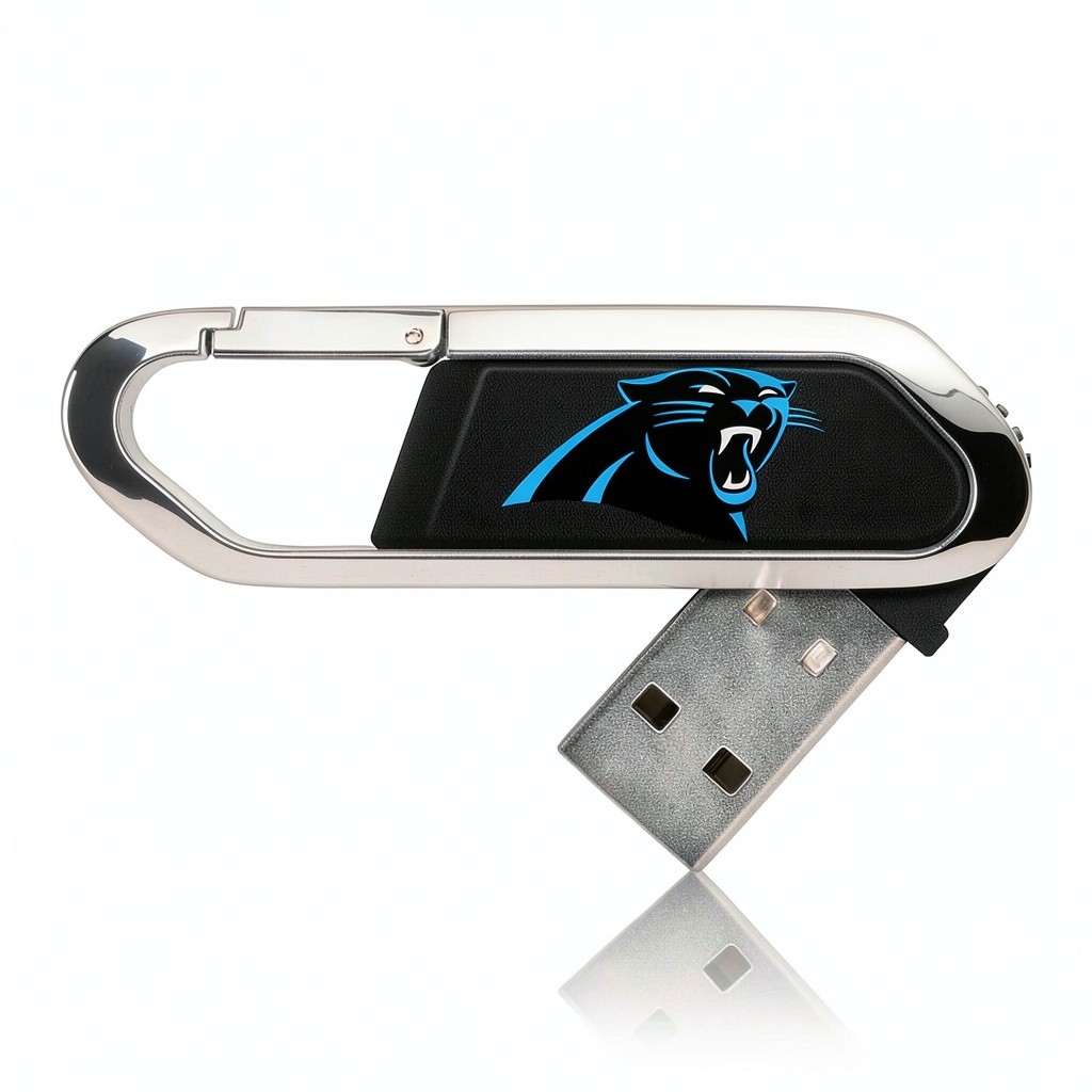 Carolina Panthers USB Flash Drive with clip attached to a laptop bag