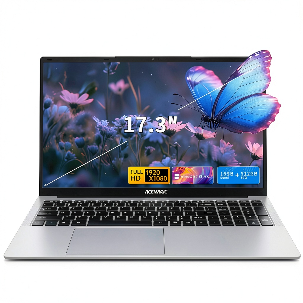 ACEMAGIC AX17 laptop displaying a business application on its 17.3-inch screen