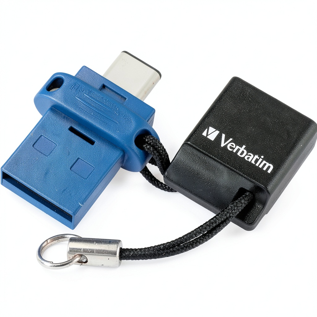 Verbatim Dual USB Flash Drive connected to a smartphone and laptop