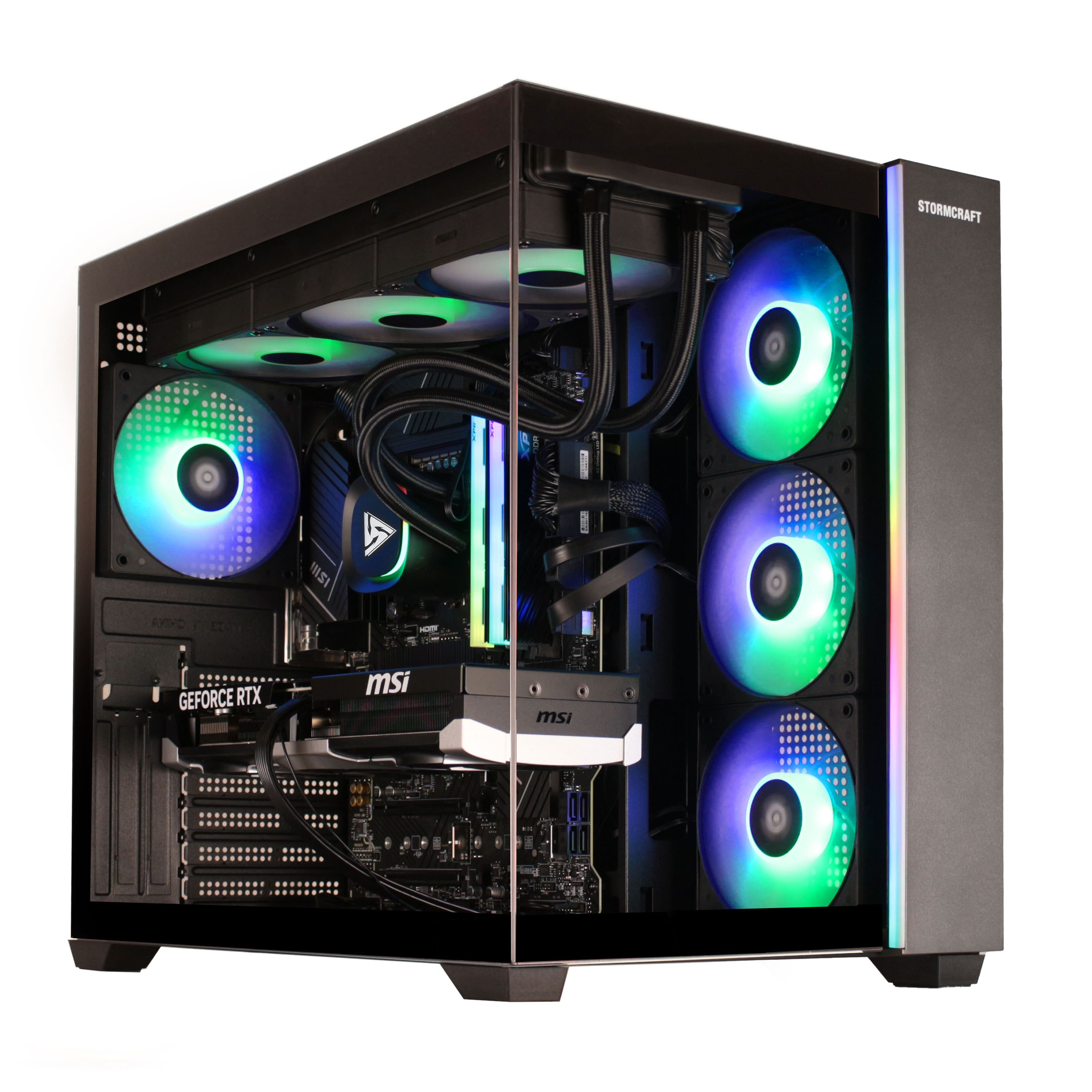 STORMCRAFT Gaming PC setup with RGB lighting on a desk