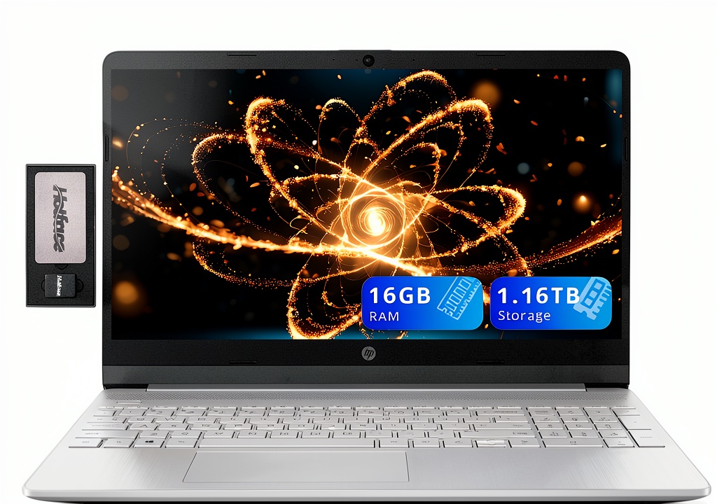 HP 15.6-inch laptop displaying a clear FHD screen on a desk