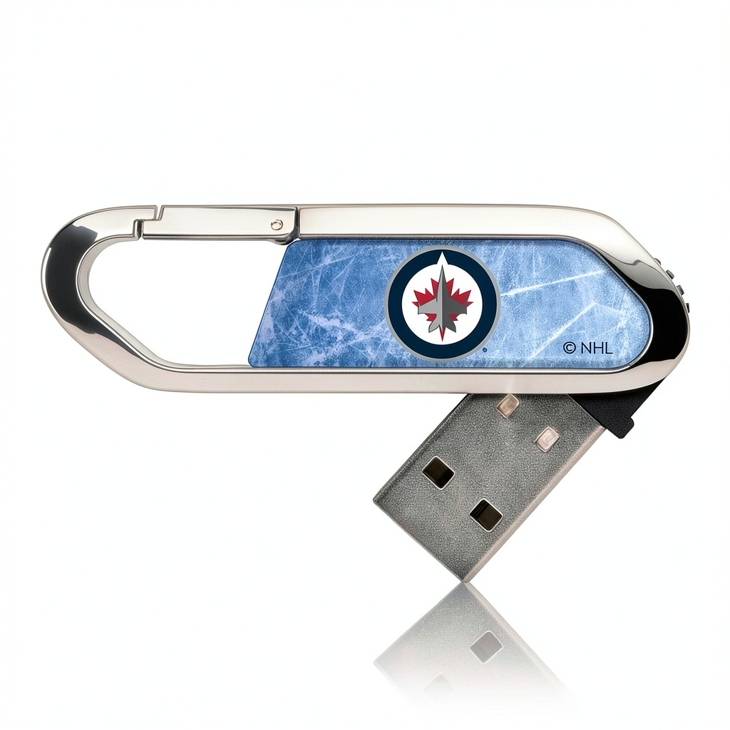 Winnipeg Jets Ice Flood Clip USB Flash Drive attached to a key ring