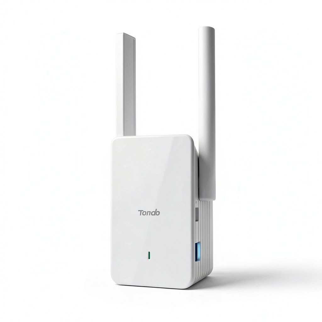 Tenda A23 Wi-Fi 6 Range Extender placed in a modern living room