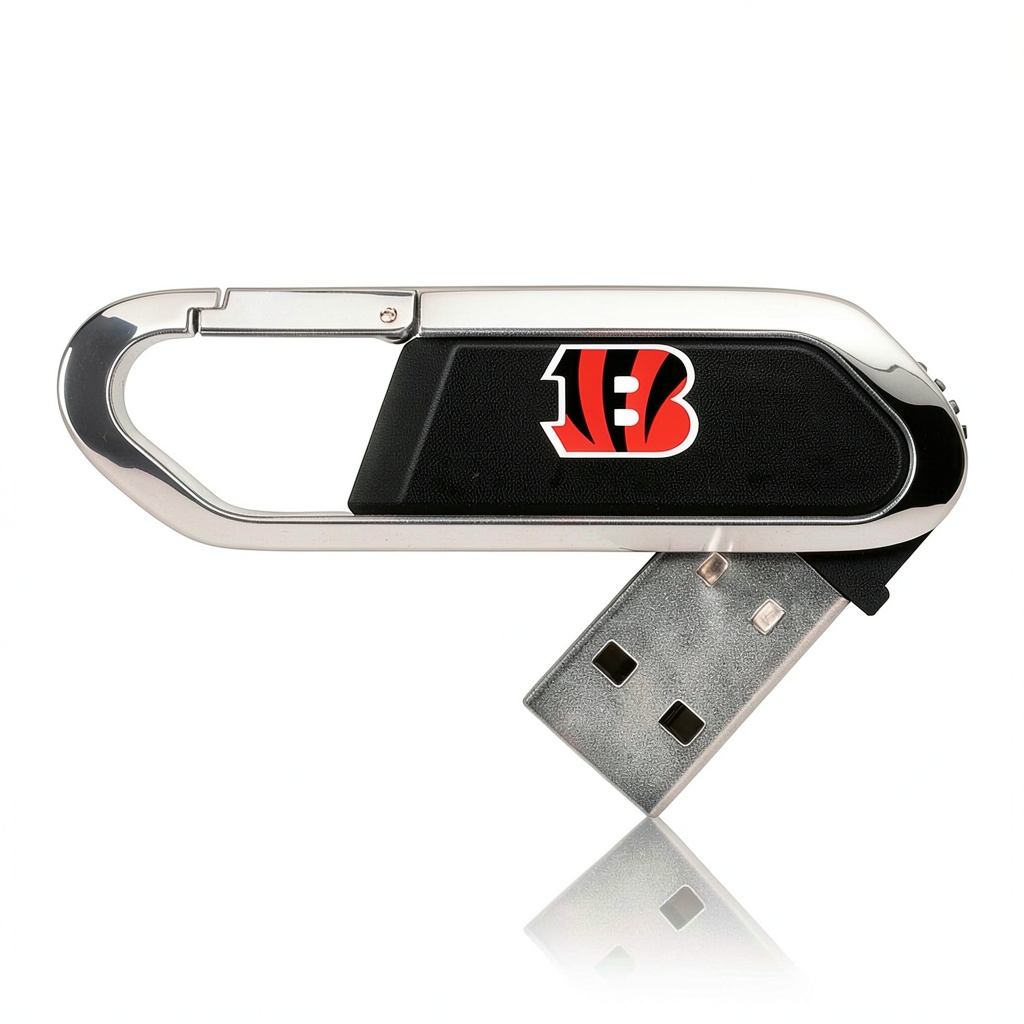 Cincinnati Bengals USB Flash Drive with hinged case open on a desk