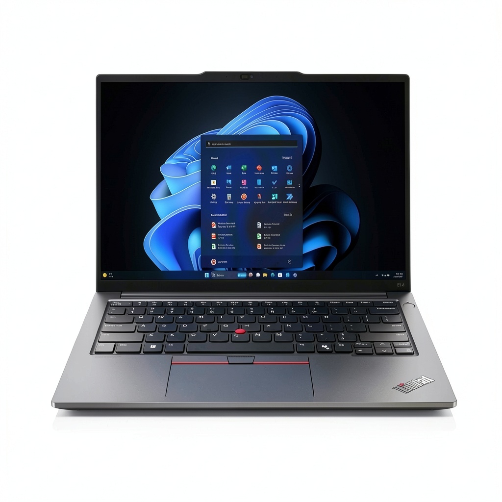 'Lenovo ThinkPad E14 Gen 6 laptop on a desk with accessories'