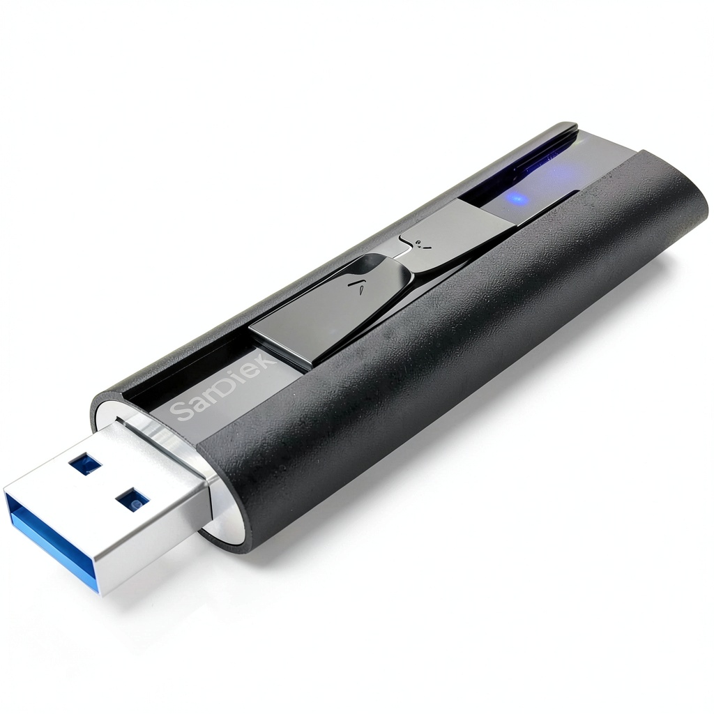 SanDisk Extreme PRO USB 3.2 Flash Drive showing aluminum casing and compact design