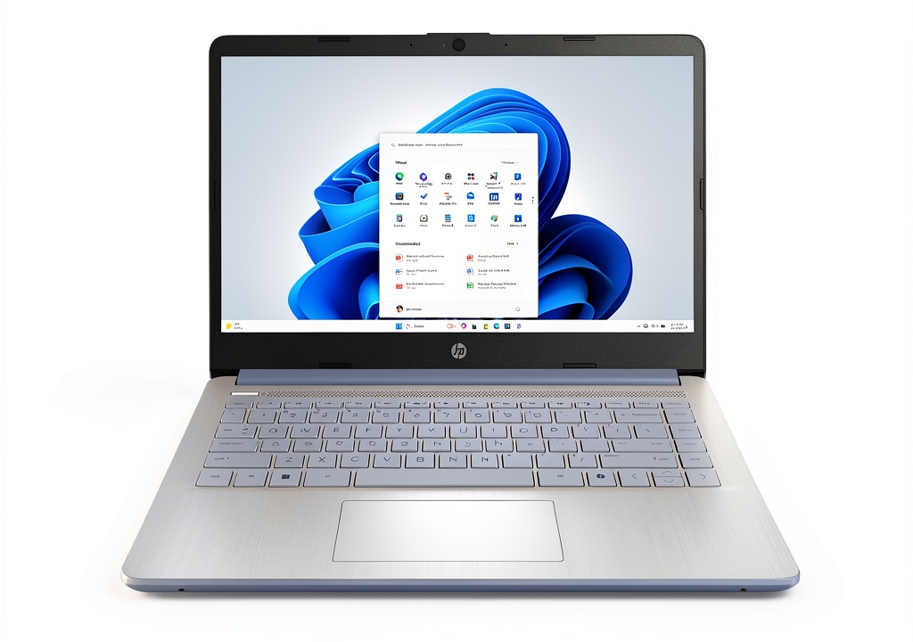 HP 14 laptop in Sky Blue color on a desk with accessories