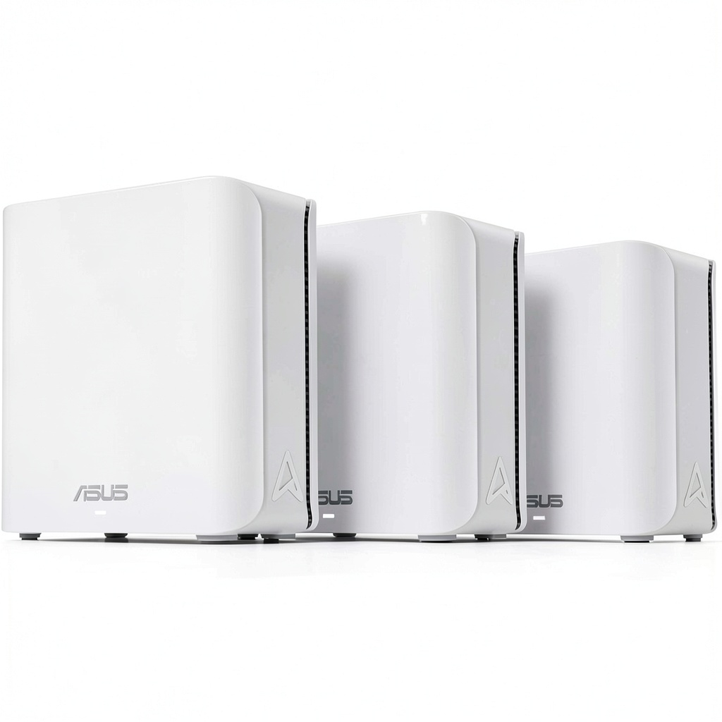 ASUS ZenWiFi BD4 mesh system units arranged in a modern living room