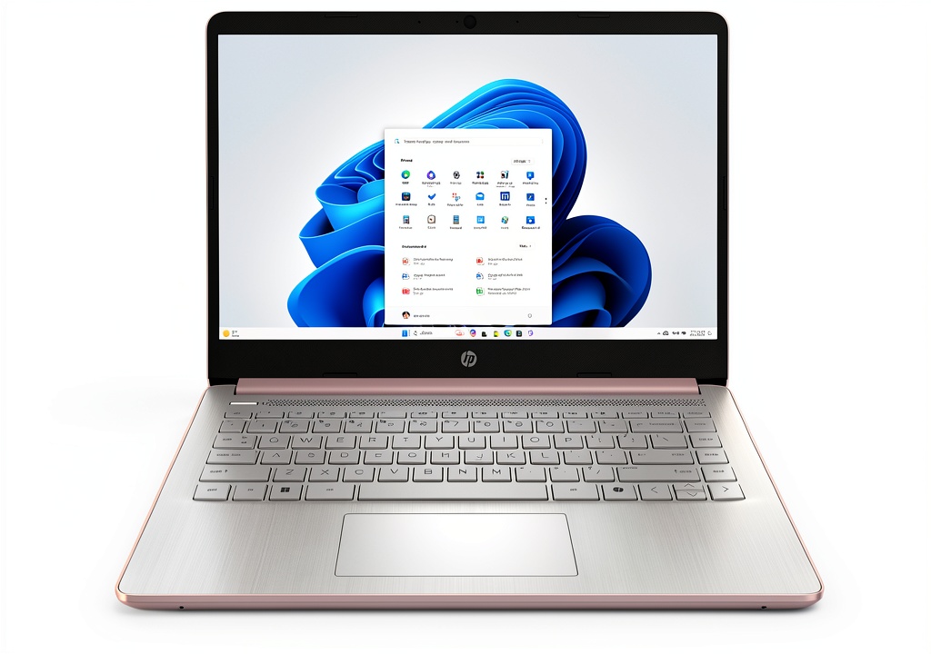 HP 14 laptop in Pale Rose Gold on a desk with accessories