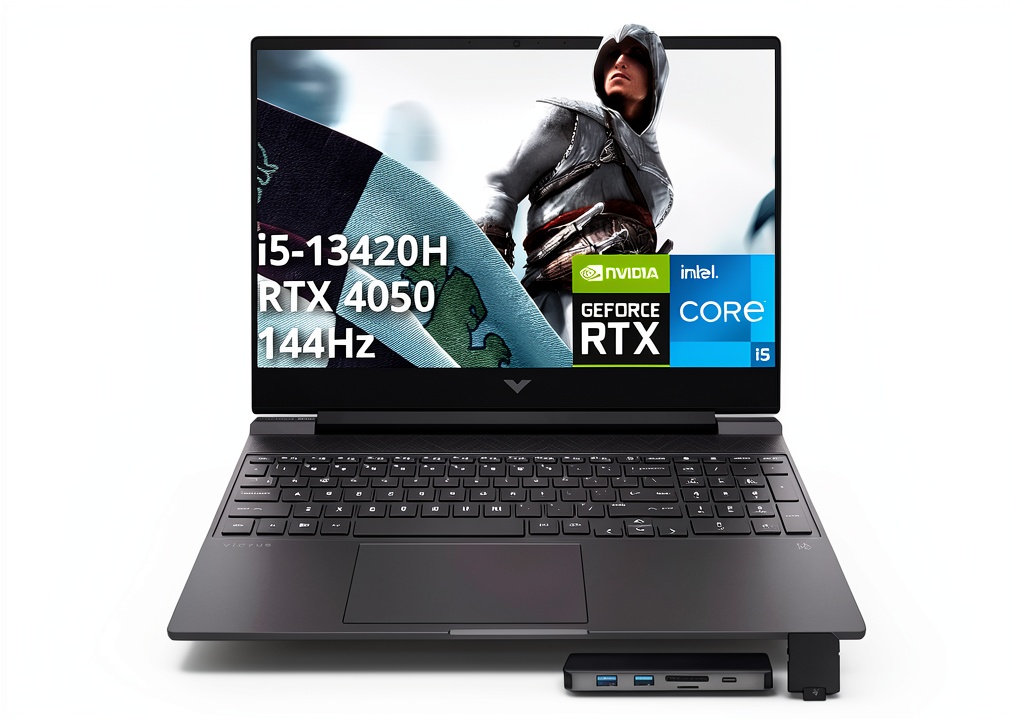 HP Victus gaming laptop displaying a vibrant game scene on its 15.6-inch screen