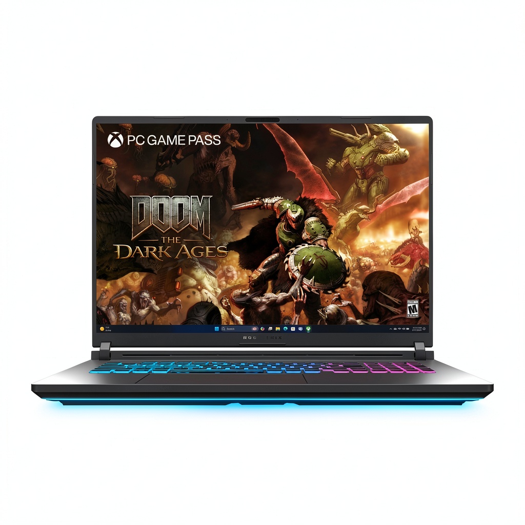ASUS ROG Strix G18 laptop displaying a vibrant game scene on its 18-inch screen
