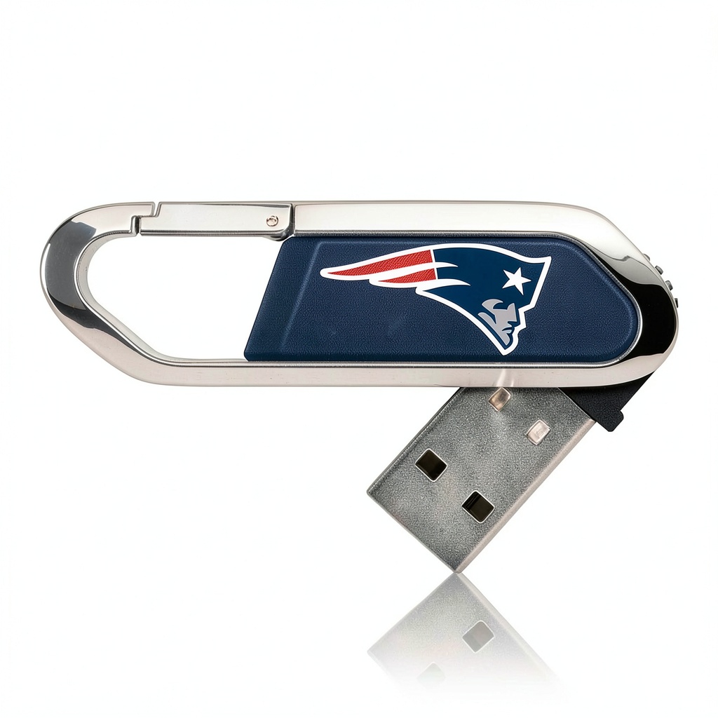 New England Patriots USB flash drive showing team graphics and metal clip