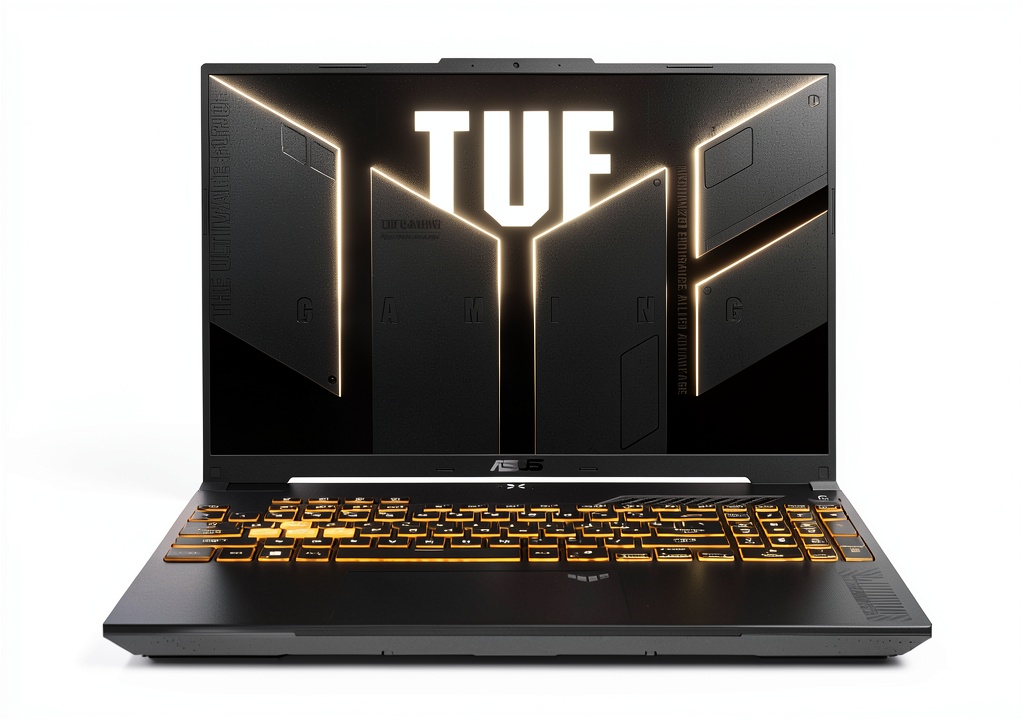 ASUS TUF Gaming F16 laptop displaying a vibrant game scene on its 144Hz screen