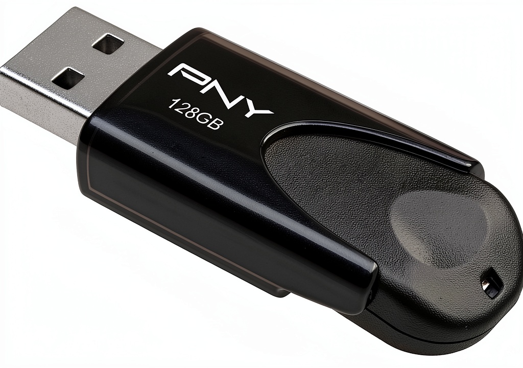PNY Attache 128GB USB flash drive being used in a real‑world setting on a coffee shop table