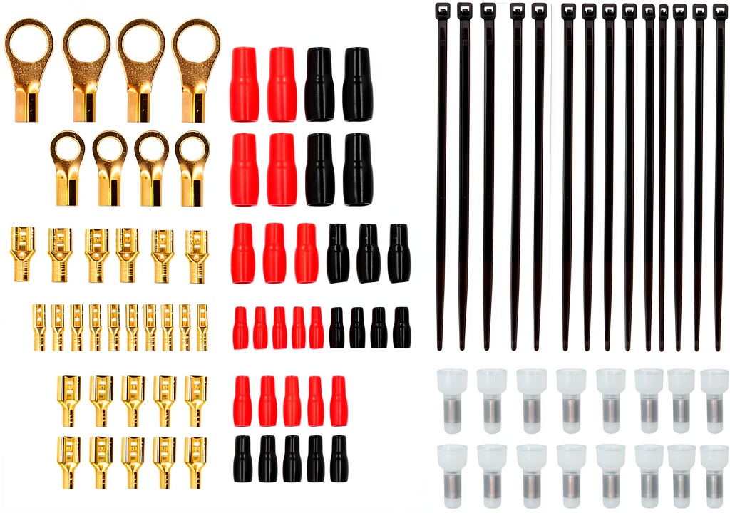 Metra gold hardware kit components laid out on a workbench