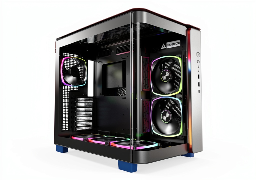 Montech KING 95 PRO PC case showing dual chamber design and ARGB lighting