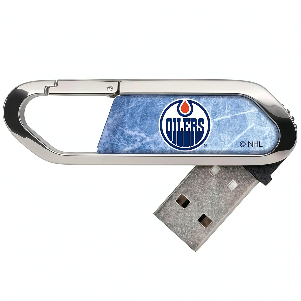Edmonton Oilers USB Flash Drive attached to a backpack
