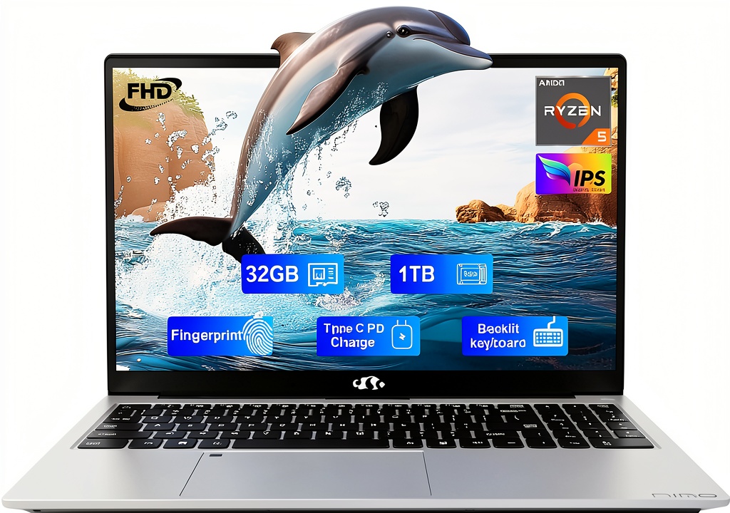 NIMO laptop displaying a multimedia application on its 15.6-inch FHD IPS screen
