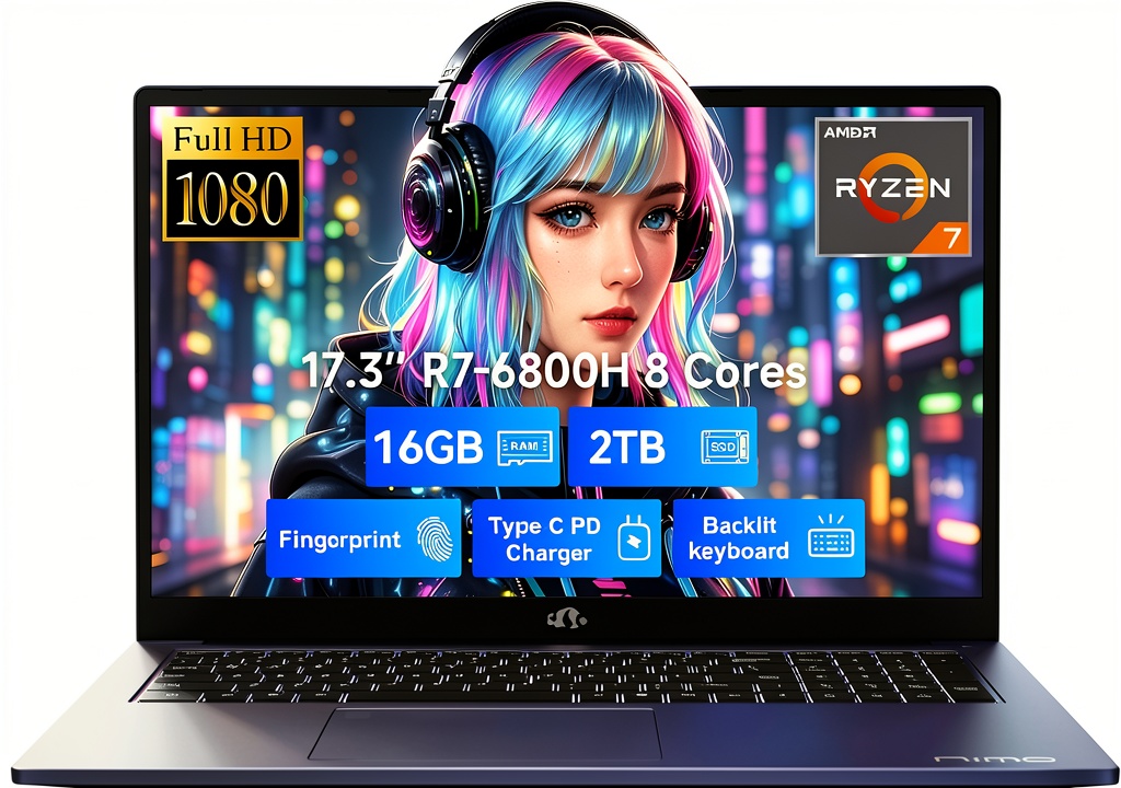 NIMO Gaming Laptop displaying a high-resolution game on its 17.3-inch IPS screen