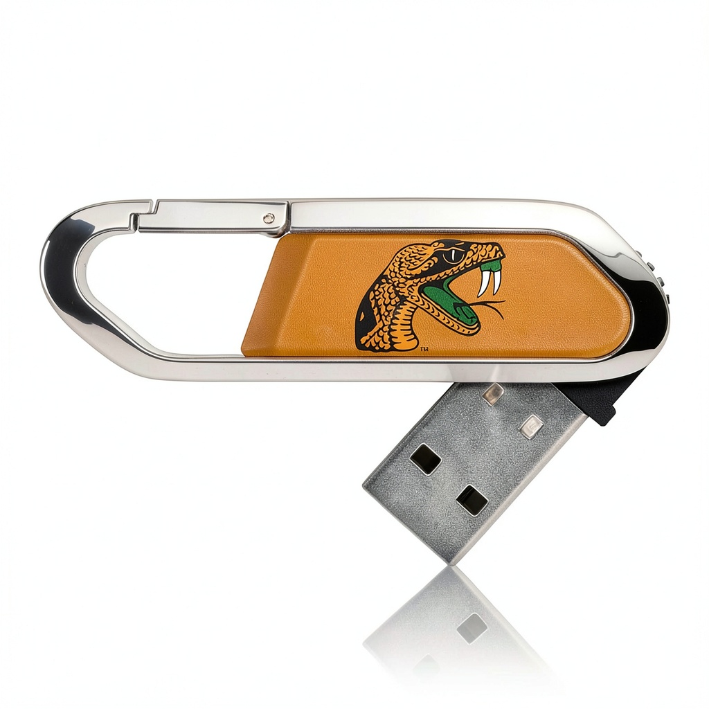 Florida A&M Rattlers USB flash drive 32GB Keyscaper Clip attached to a keyring on a campus bench