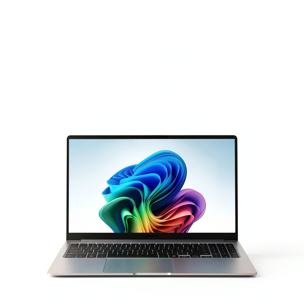 Samsung Galaxy Book5 displaying a vibrant screen in a home office setting