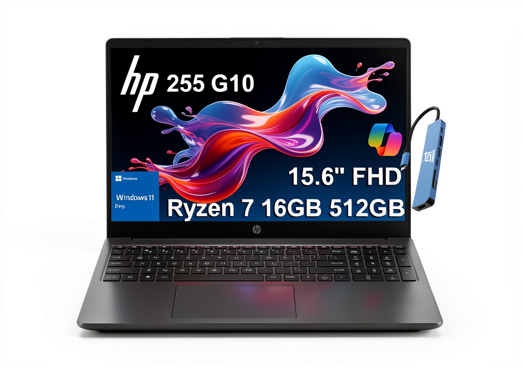 HP 255 G10 laptop on a desk with accessories