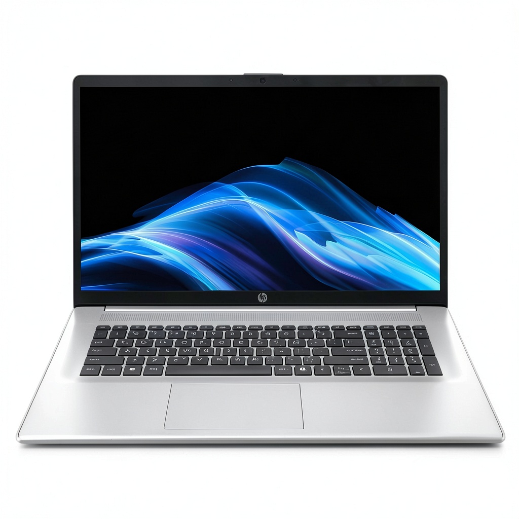 HP 17.3 FHD Laptop displaying a business application on a desk