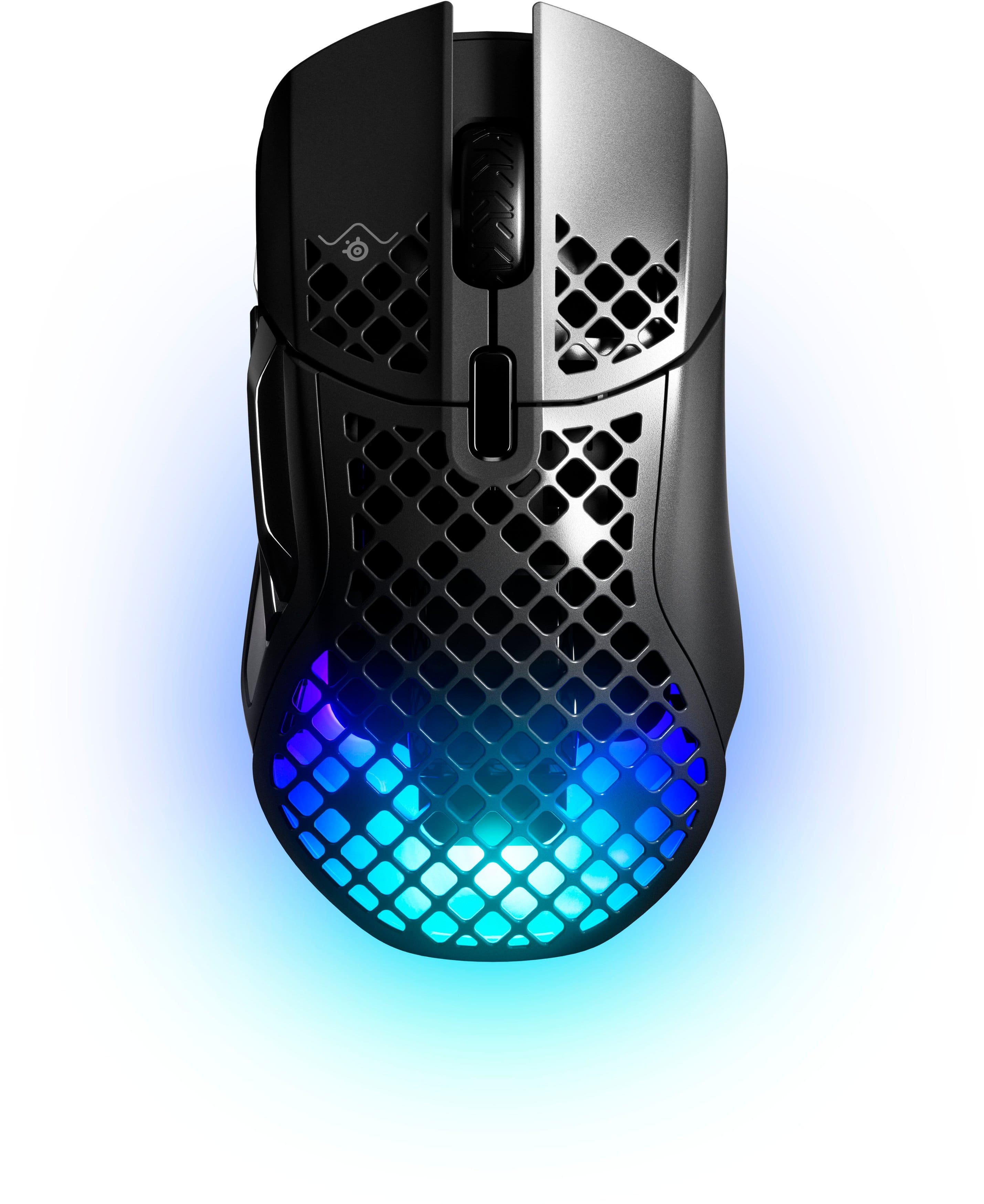 SteelSeries Aerox 5 wireless gaming mouse with honeycomb design on a gaming desk