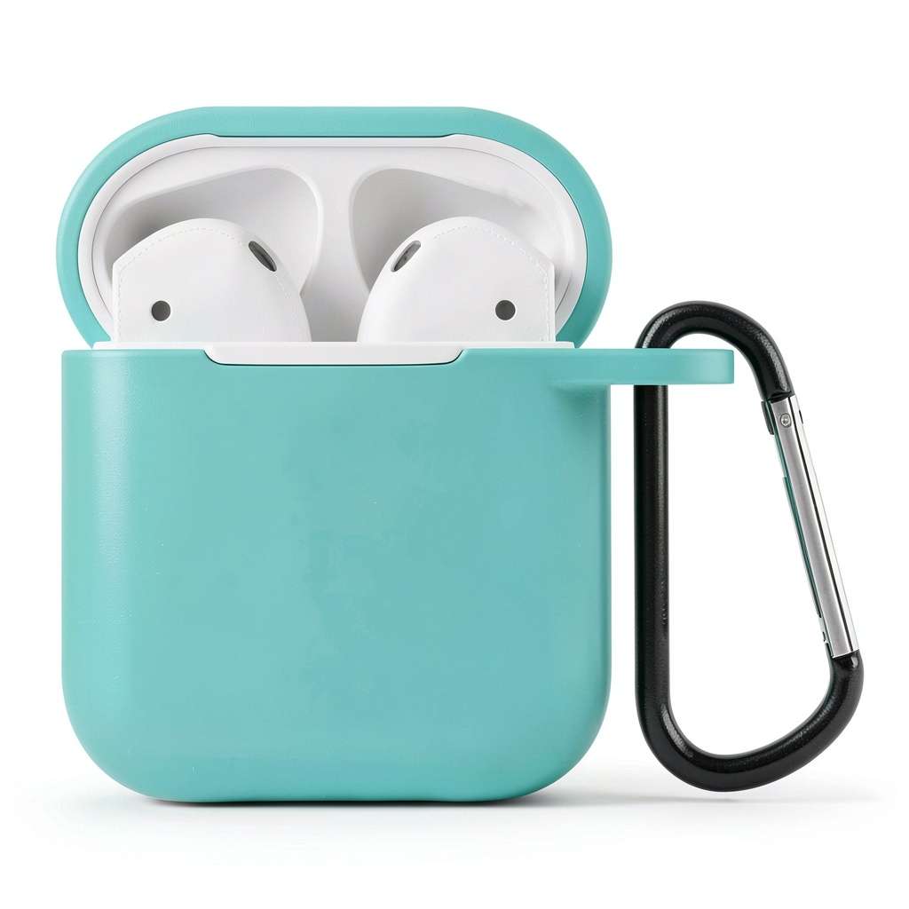 Close‑up of the Entronix soft‑touch silicone case protecting AirPods in a pocket
