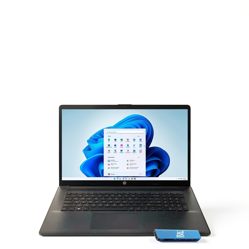 HP 17 laptop displaying a multimedia application on the 17.3-inch screen