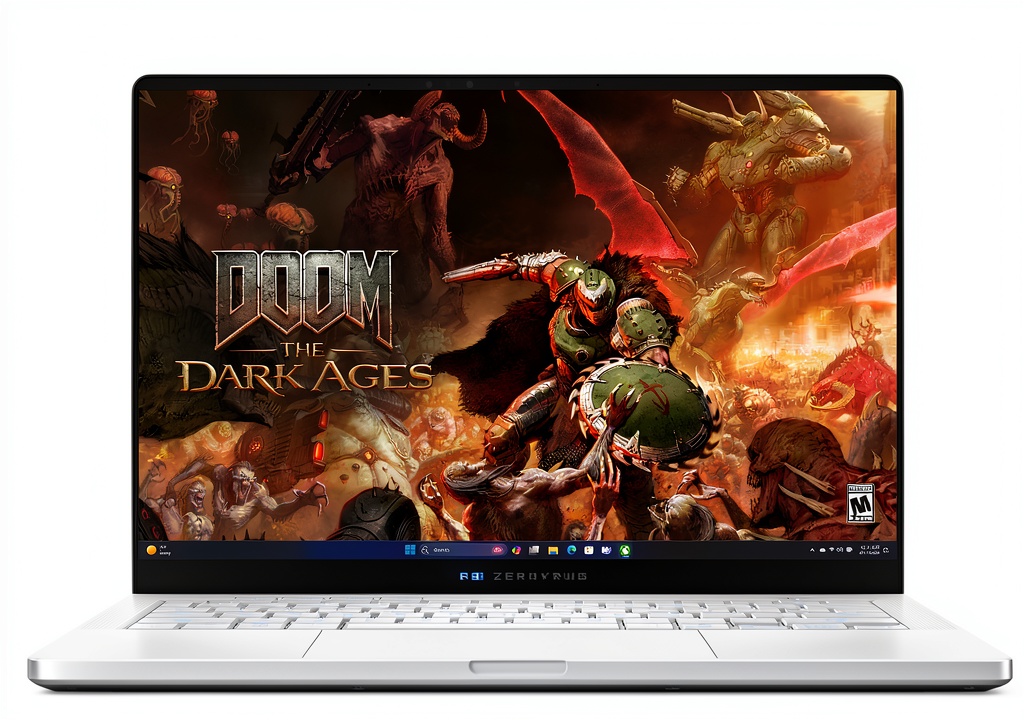 ASUS ROG Zephyrus G14 laptop displaying a game on its OLED screen