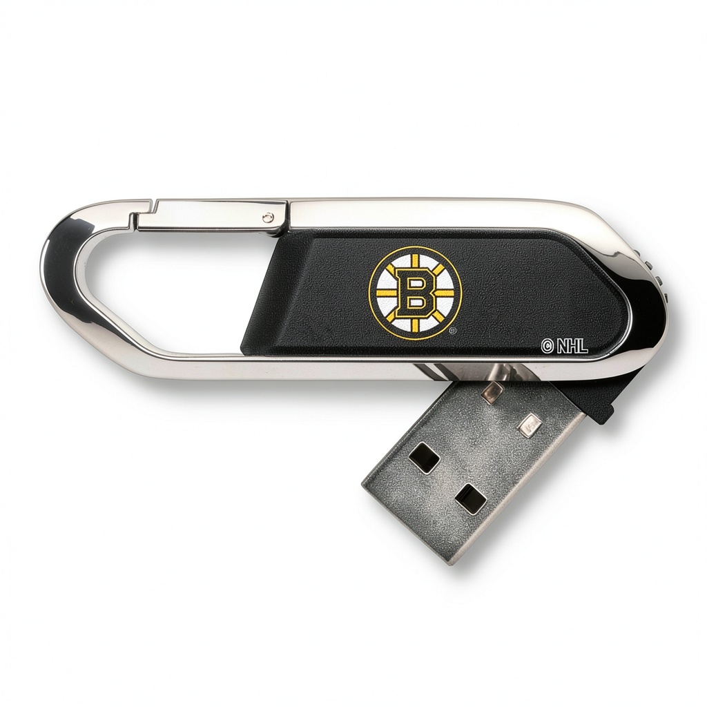 Boston Bruins Clip USB Flash Drive attached to a laptop bag keyring, showing team graphics and clip design